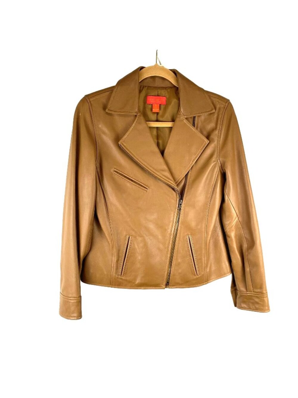 Women Medium Moto Jacket Biker Academia Full Zip Lined Leather Jacket Lt Brown